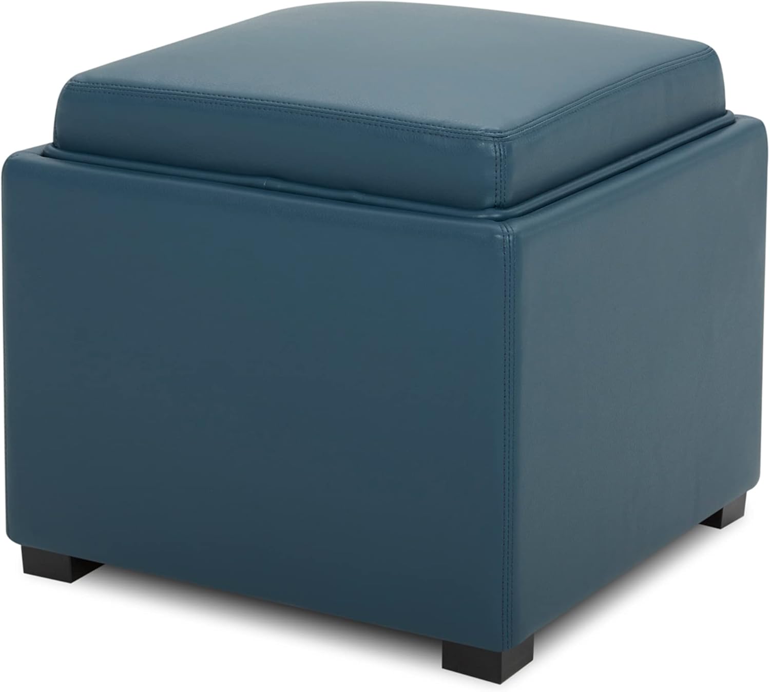 CHITA Storage Ottoman Cube with Tray Lid, Small Footstool with Storage, Square End Table for Living Room and Bedroom, Faux Leather in Dark Blue