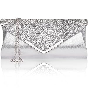 Larcenciel Damen Clutch Abendtasche Unterarmtasche Umhängetasche mit Strass-Steinen und Abnehmbarer Kette in den Farben Silber Gold Altrosa (Silber)