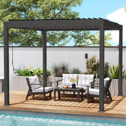 GREENVINES Louvered-Pergola | 10’ x 10’ | Patio Pergolas with Adjustable Roof | Hidden Drainage System | Outdoor Gazebo | Aluminum Frame | Hardtop | for Deck Garden Backyard | Black