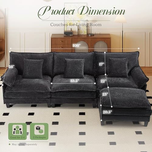 Image of Comfy Chenille Cloud Couch, Modular Sectional Sofa with Movable Ottoman, Deep Seat Couches for Living Room, Bedroom and Apartment, 106 inch L Shaped Modern Sofa with Pillows, Black