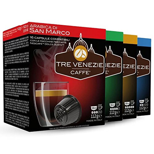 64 cápsulas de café italiano Tre Venezie Dolce Gusto compatibles, caja mixta. 16 cápsulas por caja. 0,23 € por cápsula