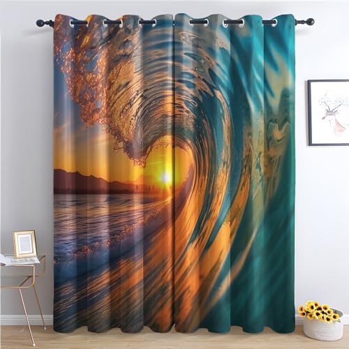 Wave Curtains for Bedroom Living Room, Ocean Wave Blackout Curtains