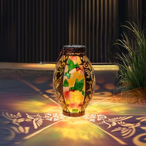 Solar Lanterns Outdoor Waterproof Hummingbird Lights, Hummingbird Gifts Solar Powered Lights for Outside, Metal&Glass Decorative Led Lanterns with Dancing Flames for Garden Yard Patio Pathway Table