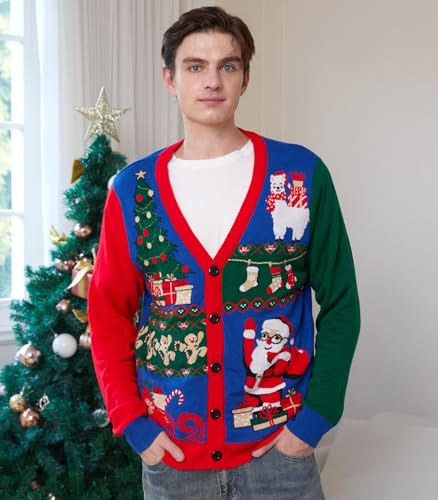RAISEVERN Ugly Christmas Sweater for Mens Cardigan Button Down V Neck Funny Knit Xmas Holiday Party2
