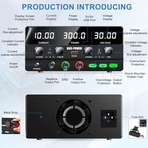 Image of NICE-POWER DC Power Supply Variable 30V 10A, 300W Encoder Adjustable Switching Regulated High Precision 4-Digits LED Display 5V /2A USB Port Bench Lab Power Supplies with OCP OVP Output Button