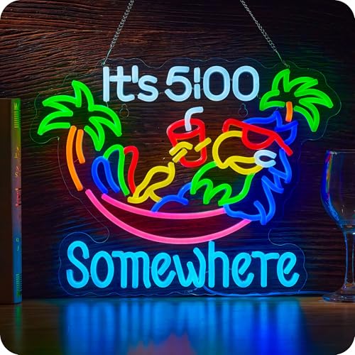 Image of Its 5 00 O'clock Somewhere Neon Sign Parrot Palm Tree Hammock It's Five Oclock Some Where Bar Beer LED Light Man Cave USB Powered Dimmable LED Sign (Pink)
