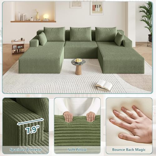 Image of 107 inch U-Shape Cloud Couch, Modern Modular Sectional U-Shape Sofa, Corduroy Boneless Couch Upholstered Couches Deep Seat Sleeper Chaise Longue for Living Room, No Assembly Required,Green