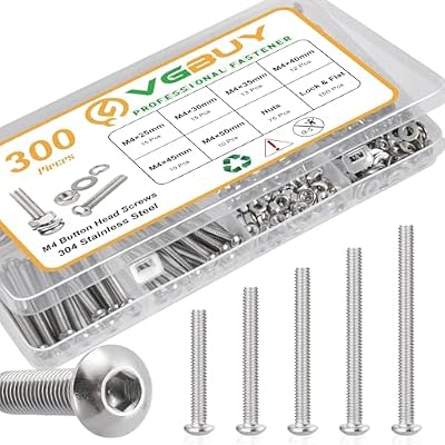 VGBUY Surtido de 300 tornillos M4, tornillos M4 para impresora 3D, tornillos de cabeza de botón hexagonal, kit de arandelas, tuercas y arandelas, acero inoxidable 304, 25/30/35/40/45/50 mm