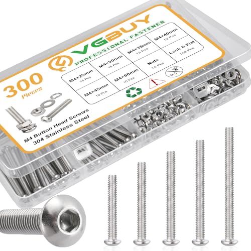 VGBUY Surtido de 300 tornillos M4, tornillos M4 para impresora 3D, tornillos de cabeza de botón hexagonal, kit de arandelas, tuercas y arandelas, acero inoxidable 304, 25/30/35/40/45/50 mm