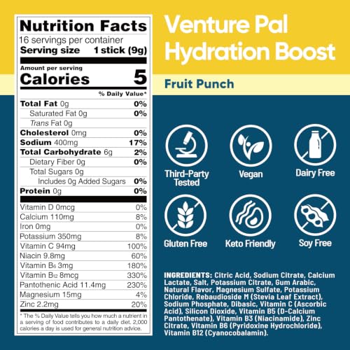 Image of Venture Pal Sugar Free Electrolyte Powder Packets, Keto Friendly, 16 Sticks | Liquid Daily IV Hydration Packets for Rapid Rehydration. 7 Electrolytes & 5 Vitamins | Vegan | Fast Dissolve