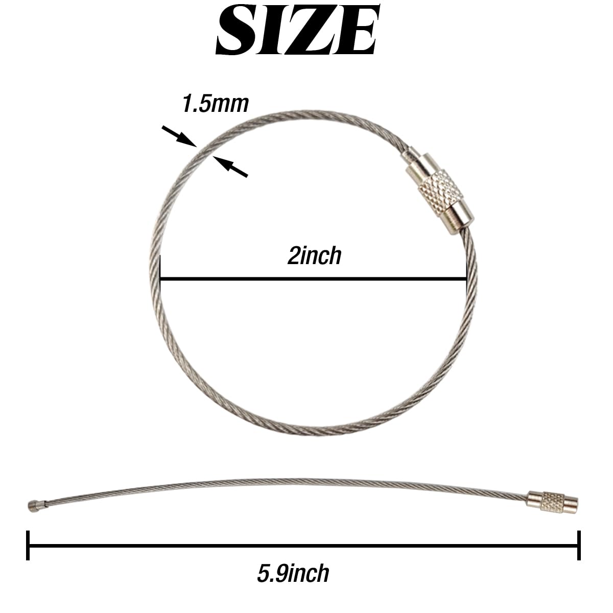 ROYHOO 100PCS Stainless Steel Wire Keychains Aircraft Cable Cable Key Ring for Hanging ID Tags or Luggage Tags, 5.9 inch 1.5mm