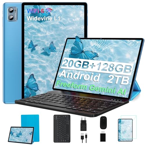 2026 Android Tableta 10.1 pulgadas, octa-core, con 20 GB de RAM + 128 GB de ROM +2 TB | 5G WiFi | FHD | GMS | Bluetooth 5.0 | 8 MP + 5 MP | Tipo C, tableta táctil, carcasa, teclado y ratón - Azul