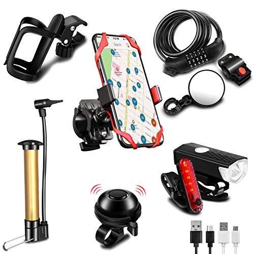 KITHELP Bike Accessories Set for Adult Bike Phone Holder for Men Bike Water Bottle Holder Bike Bell Bike Mirror Bicycle Combination Lock Bicycle USB Charging Headlights Bike Pump for Outdoor