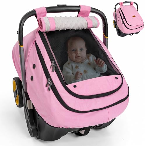 Image of Bioby Waterproof Baby Car Seat Cover, Infant Car Seat Cover for Boy Girl, Roomy Cozy Windproof Sun Protection Baby Carseat Covers Canopy with Breathable Net and Holes, Universal Fitted, Pink