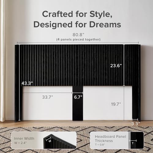 mopio Brooklyn 80.8" Headboard Only, Wood Headboard, Modern Farmhouse, Boho, Wall Mount, Fluted Panel, Wingback Design (Black Oak, King)