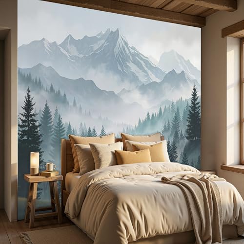 Grand Format Papier Peint Intissé Forêt Verte et Montagne Enneigée