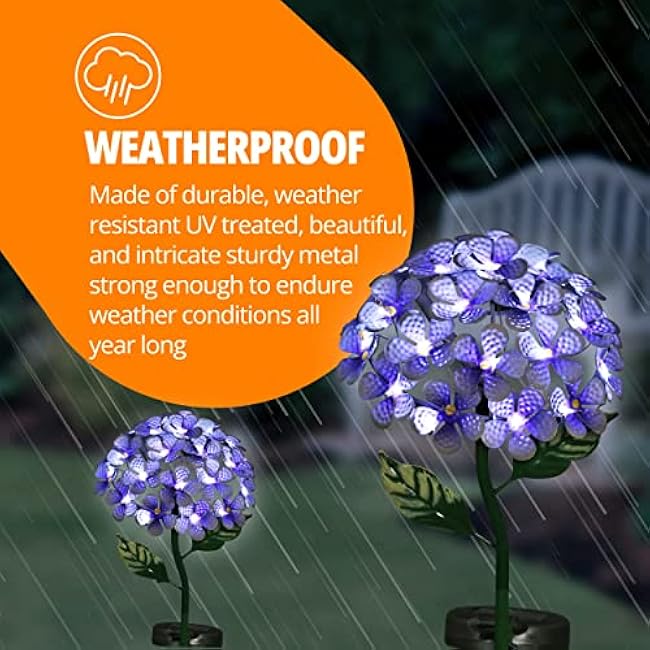 Exhart Garden Solar Lights, Decorative Hydrangea Flower Garden Stake, 26 LEDs, Cute Metal Outdoor Decoration, Purple, 7 x 21.5 Inch