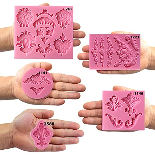 Funshowcase Baroque Style Curlicues Scroll Lace Fondant Silicone Mold For Sugarcraft, Cake Border Decoration, Cupcake Topper, Jewelry, Polymer Clay, Candle Accent, Crafting Projects, 5 In Set #TOP5
