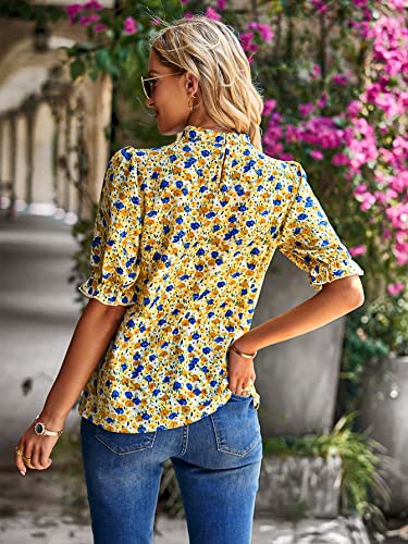 Iffei Women's 2023 Summer Boho Floral Tops Ruffle Mock Neck Half Sleeve Casual T-Shirts Loose Fit Blouses L Yellow #TOP3