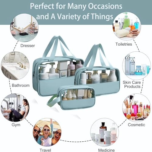 Image of HOOPOES Polyester Travel Toiletry Pouch for Women & Men, Portable Cosmetic Organizer Bag for Full-Sized Shampoo, Brushes Set, Toys, Stationery, Bathroom & Makeup Accessories (Blue, 3 pcs Set)