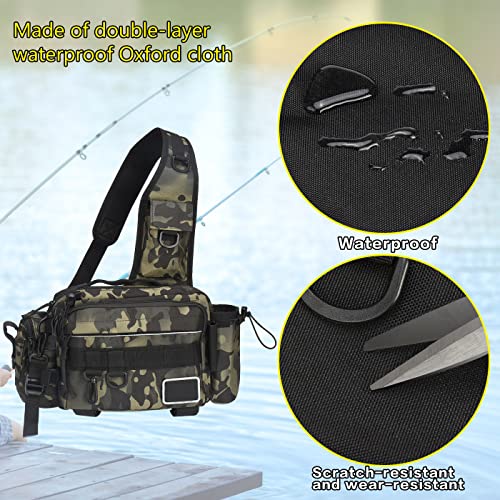 Foto von oumuik Angeltasche,Sling Angeltasche wasserdicht verschleißfest Angelrucksack für Angelzubehör mit 4 Karabiner