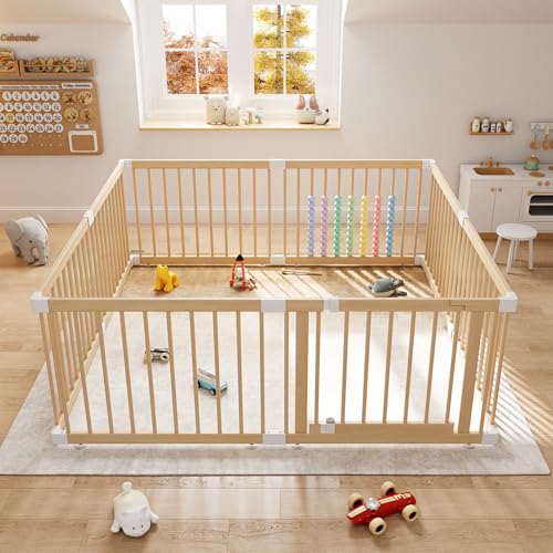 IKALIFE Large Wooden Baby Playpen - Size Adjustable Fence for Babies and Toddlers, Baby Play Yard with Locking Gate, Indoor Play Pen for Kids Activity Center 8 Panels 63.5”×63.5”