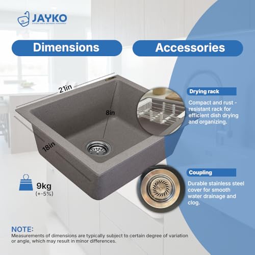 Image of JAYKO Quartz Acrylic Kitchen Sink for Modular Kitchen | Granite Finish, Scratch & Heat Resistant | Easy to Clean & Stylish Sink for Home (UBR, 21x18in)
