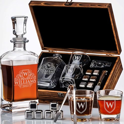 Engraved Whiskey Decanter Gift Set with Glasses and Stones