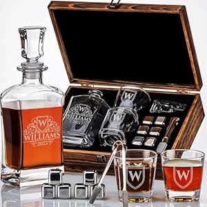 Custom Engraved Monogram Year Whiskey Decanter Gift Set – 23 oz Liquor/Bourbon Decanter with Glasses, Whiskey Stones, & Tongs – Premium Whiskey Gift for Men, Husband, Dad, or Boyfriend