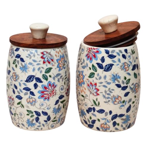 Vistas 'Blue Bloom' 1 Piece Airtight 420ml Ceramic Jar for Kitchen Storage | Handcrafted Ceramic Barni with Wooden Lid | Multipurpose Pickle, Spice & Salt Container