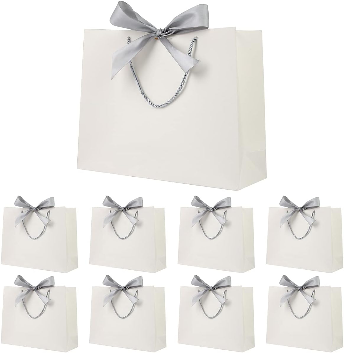 YieseangGift Bags White with Silver Bow Ribbon,Luxury Present Bags for Birthday,Weddings,Party,Bridesmaid,Bridal Shower,12.6x9.8x3.9inches,(White,8 Pack)