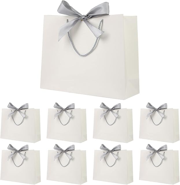 Paper Gift Bags with Silver Bow Ribbon,Portable Party Bags with Handles,Present Bags for Birthday,Weddings,Party Celebration,Baby Showers,12.6x9.8x3.9inches,(White,8 Pack)