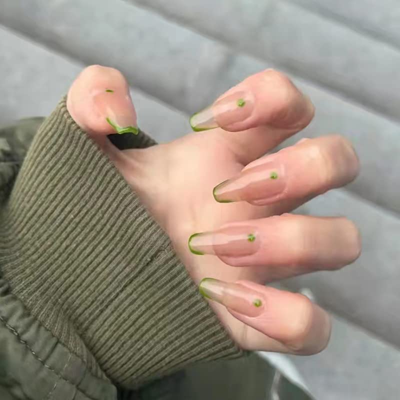 Elegant Green Side Press on Nails Medium Coffin Long Glue on Nails Set French Nail Tips Glossy Fake Nails with Glue False Nails with Designs Stick on Nails for Women Nail Kit 24PCS