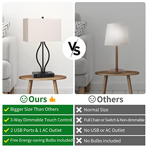 Litosky Set Of 2 Touch Control Table Lamp, 3-Way Dimmable Bedroom Lamp With Usb Port Ac Outlet Bedside Nightstand Lamp For Living Room, 22In, Cream Shade, Warm White Bulbs Included #TOP3