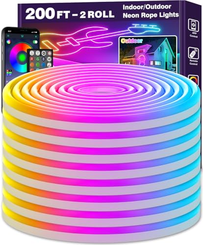 200Ft Neon Rope Lights,Flexible Led Rope Lights Control with App/Remote,Multiple Modes Rope Lights,IP65 Outdoor RGB Led Neon Lights Waterproof,Music Sync Gaming Led Neon Light Strip for Bedroom Decor