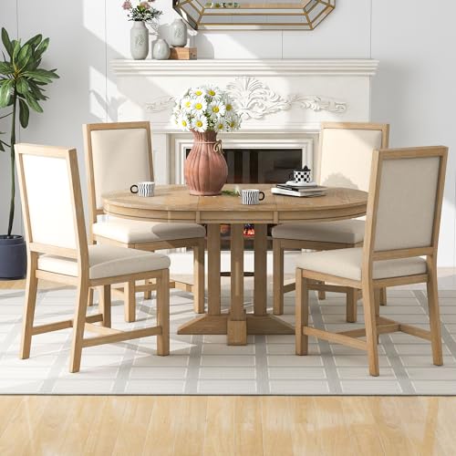 5-Piece-Farmhouse-Wood-Dining-Set-with-Extendable-Round-Table-and-4-Upholstered-Chairs-for-Kitchen-Breakfast-Nook-Living-Room-Natural-42-56-L-x-42-W-x-30-H 5 Piece Farmhouse Wood Dining Set with Extendable Round Table and 4 Upholstered Chairs for Kitchen Breakfast Nook Living Room Natural 42 56 L x 42 W x 30 H