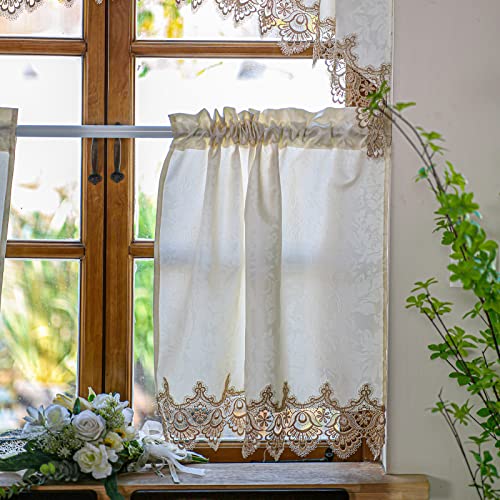 Sutavia Retro Kitchen Curtains Window Valance Swag Set 3 Pieces Waterproof Champagne Jacquard Fabric With Embroidery Lace Natural Country Cafe Curtain Tiers & Valance Set For Dining Room Bedroom  #TOP3