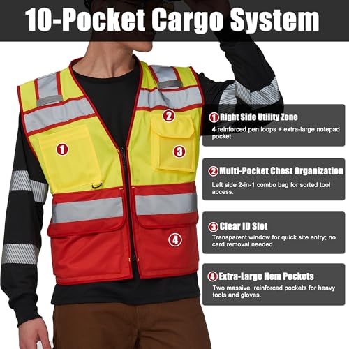 Image of High Vis Reflective Safety Vest for Men Women Zipper Ipad Pockets Mesh Construction Apparel Neon Vest for Work