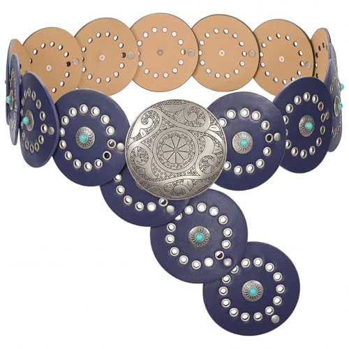 Image of XZQTIVE Western PU Leather Belts for Woman Concho Cowgirl Cowboy Disc Belt for Ladies Wide Boho Country Waist Belts for Dress