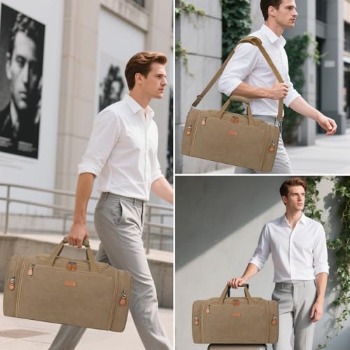 Image of Canvas Mens Duffle Bag for Travel - Expandable 50L Weekender Bags with Toiletry Bag, Overnight Bag Travel Duffel Carry On Luggage with Removable Shoulder Strap, Durable & Water-Resistant