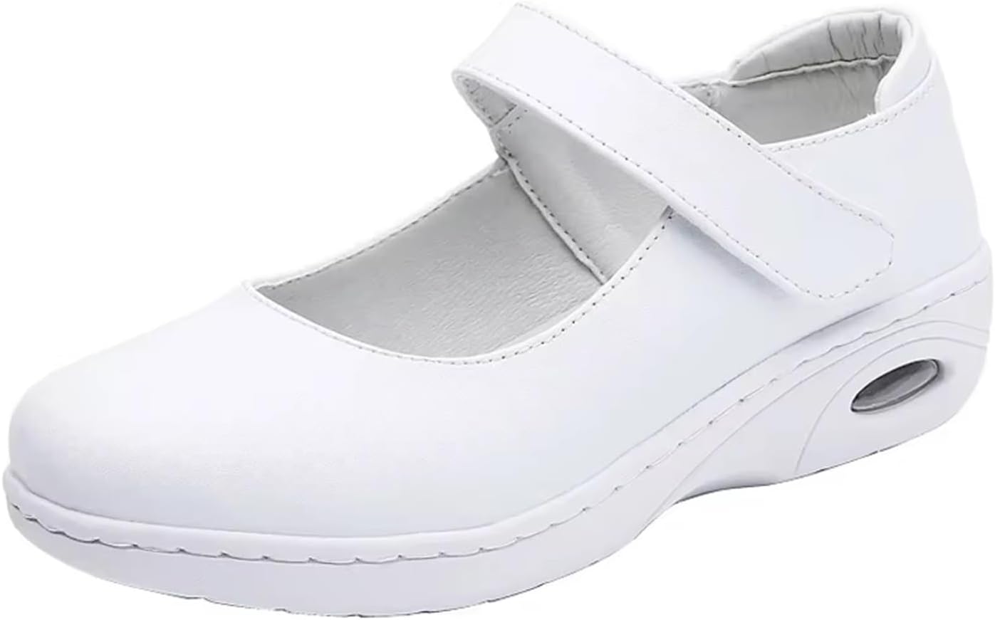 Women's Spring White Adjustable Leather Comfortable Work Walking Nurse Shoes, Air Cushion Soft Bottom Non-Slip Platform Orthopedic Flat Nurse Shoes, Ideal for Healthcare Crews