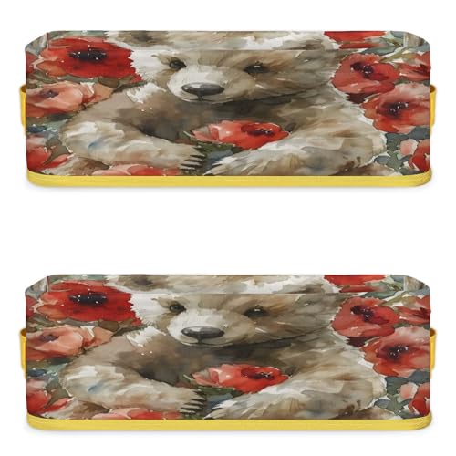 Red Rose Bear Bathroom Storage Basket Waterproof Foldable Storage Bins with Handles Decorative Toilet Paper Storage Basket for Organizing for House Bathroom Toiletries Set of 2