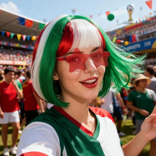 Image of ANOGOL Green White Red Bob Wig with Bangs Short Green Wigs for Women