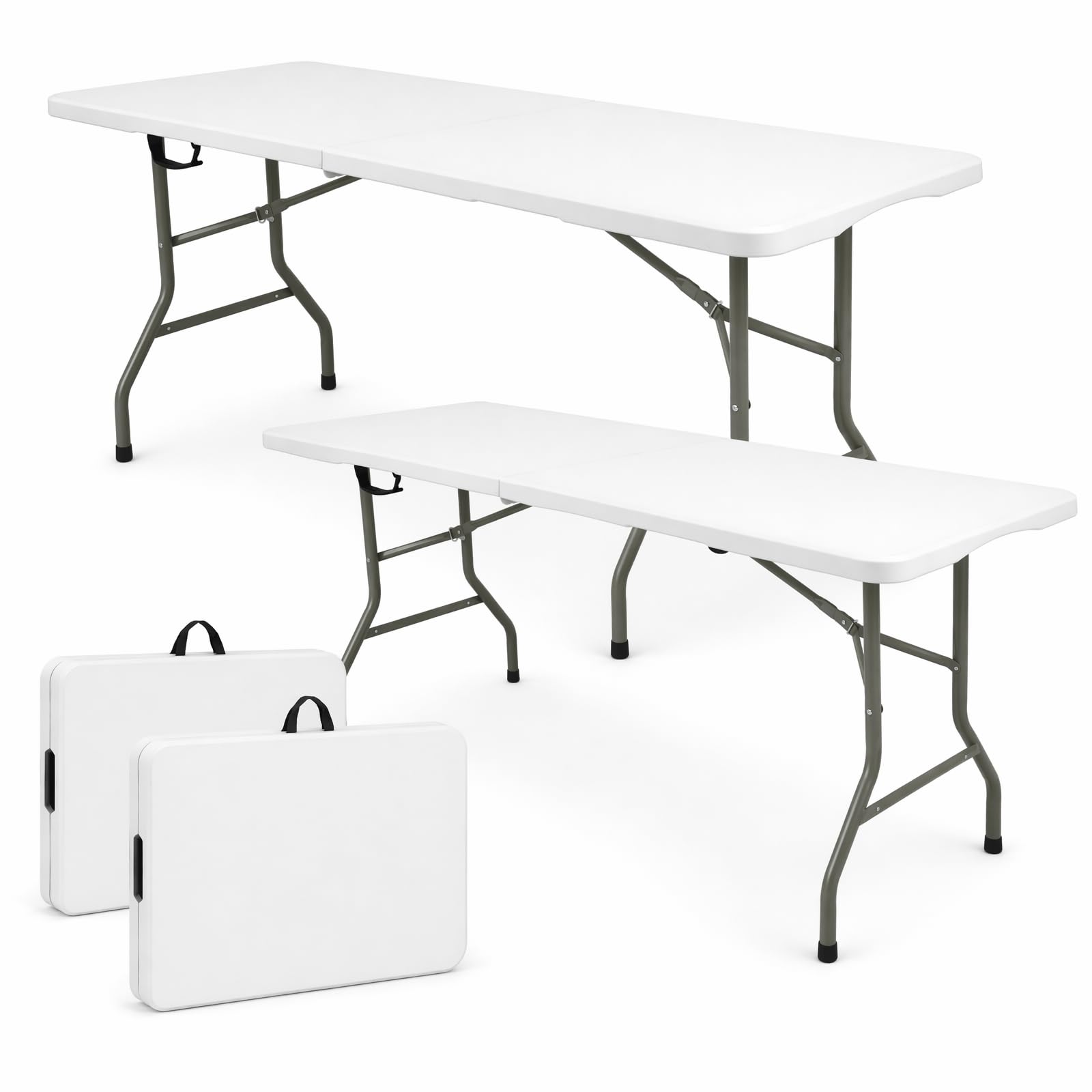 View 1 of ***ONLY 1, BLACK*** Set of 2 Folding Table 6 FT Lightweight Camping Table White Portable Plastic Rectangular Outdoor Dining Table Steel Legs Fold-in-Half with Carrying Handle for Indoor,Picnic,Party,Wedding,Events
***STOCK IMAGE FOR SAMPLE***