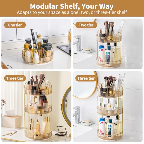 Image of 360 Rotating Makeup Organizer, Upgraded 3 Tier Skincare Perfume Organizers for Women, Bathroom Organizer Countertop, Clear Cosmetic Dresser Organizer with Makeup Brush Holder, Sink&Counter(Amber)