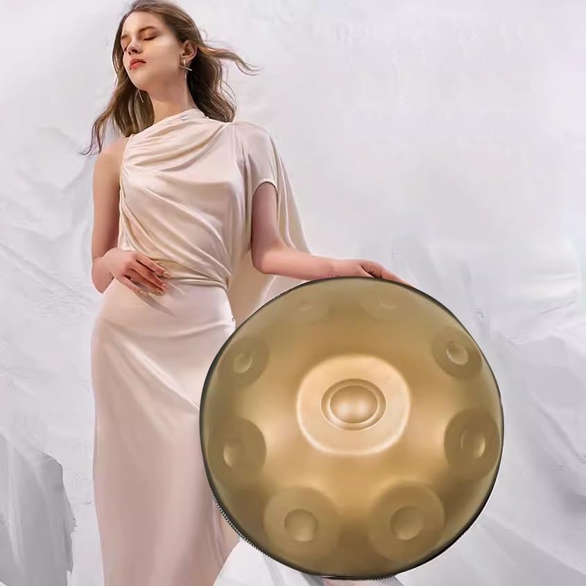 Bęben Ręczny D-moll 432 Hz 9 Nutowy 22-calowy Stalowy Bęben Ręczny, Instrument Bębenkowy Ręczny z Miękką Torbą na Patelnię, 1 Młotki do Ręcznego Instrumentu, Stojak na Patelnię i Ściereczkę Bezpyłową
