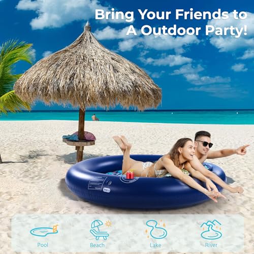 2-Person Pool Floats Adult Heavy Duty, Giant 75"X75" Inflatable Tanning Pool Mats with Cup Holders, Detachable Headrest, Multi-Purpose Water Lounger for Pool Party, Lake, Beach, River, Outdoor - image 4