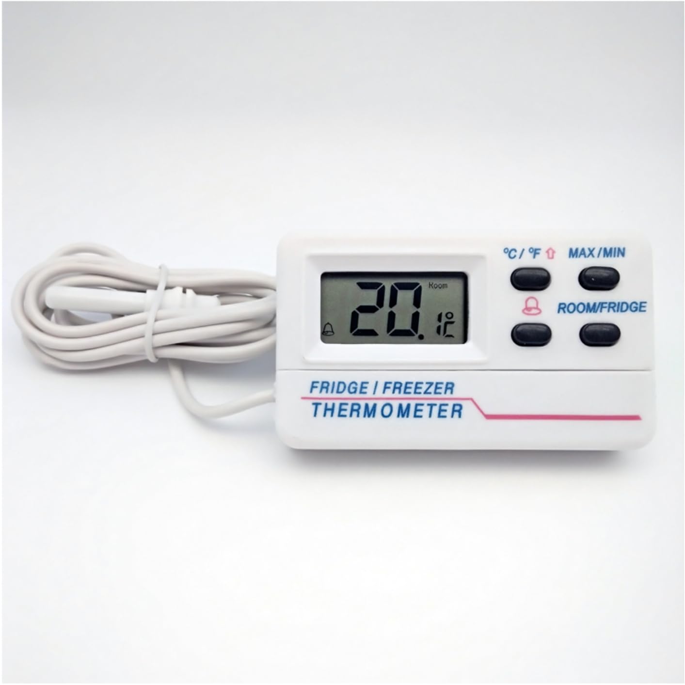 Refrigerator Thermometer with Programmable Alarm. Remote Temperature Sensor on 4 ft Cable. Large LCD. Min-Max Memory. °C/°F. Versatile Mounting Options. AAA Battery Included.