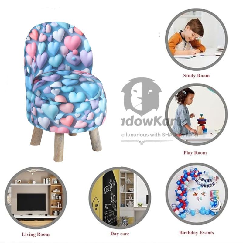 Image of Ottoman Kids pouffe Small Stool for Baby Chair Study Table Stool for Kids Room Baby Sofa Stepstool Children Cartoon Wooden Chair, 14x26 Inch, Blue Heart