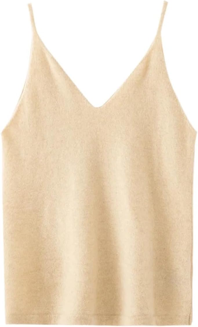 Women's 100% Pure Cashmere Camisole Tank Top, Autumn/Winter Women's Clothing Solid Color Slim-Fit V-Neck Basic Knit Top - Image 2